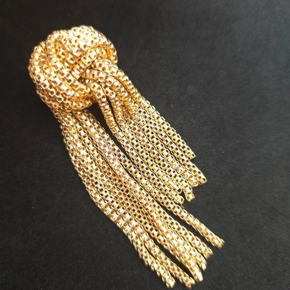 Vintage Gold Tone Knotted Tassel Brooch Statement Fringe Pin Uneven Cascade
